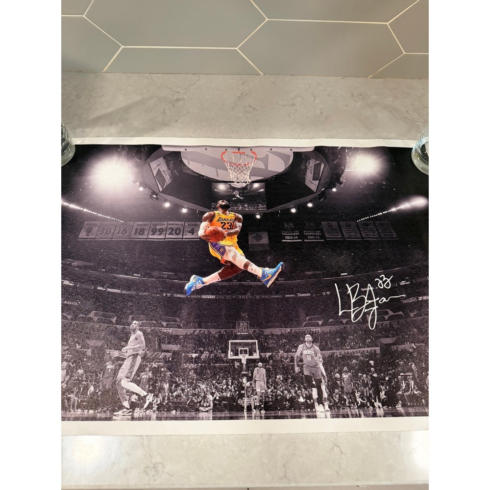 LeBron James Lakers Canvas Wall Art Print Dunk Black White Yellow 24.5x17 NBA